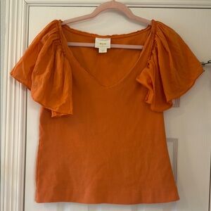 Maeve by Anthropologie Orange Ruffled Sleeve Top